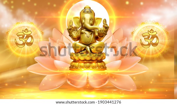 3D illustration Ganesh on a golden background with Om symbol. Deity of the elephant headed Indian god of wisdom and prosperity.