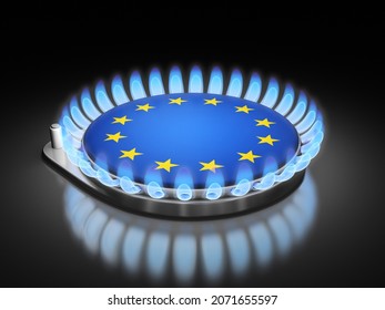 3d illustration. Gas burner flame  with European Union flag on black
