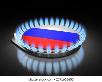 3d Illustration. Gas Burner Flame  With Russian Flag On Black