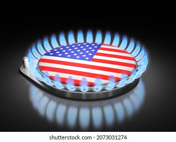 3d Illustration. Gas Burner Flame  With USA Flag On Black