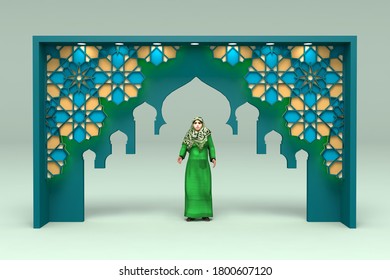 3d illustration gate entrance backdrop islamic ornament decoration style for event exhibition. High resolution image isolated.
