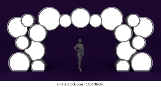 3d Illustration Gate Entrance Blank Circle Decoration Empty Space Logo Company For Event Exhibition. High Resolution Image Isolated.