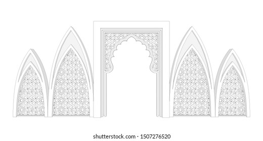 3d illustration gate entrance islamic ornament for event exhibition. High resolution image sketch outline drawing coloring isolated.