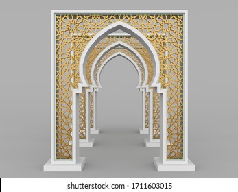 3d illustration gate entrance islamic ornament gold texture for background ramadan. High resolution image isolated.