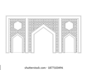 3d illustration gate entrance islamic ornament decoration with blank space logo company for event exhibition. High resolution image sketch outline drawing coloring isolated.