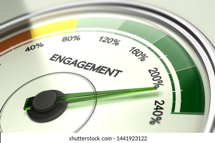 3D illustration of a gauge with needle pointing more than 200 percent. Company or employee engagement Concept