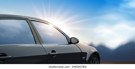 3D Illustration Of A Generic Black Car With Sun Shining From Behind, Outdoors Blue Sky Background