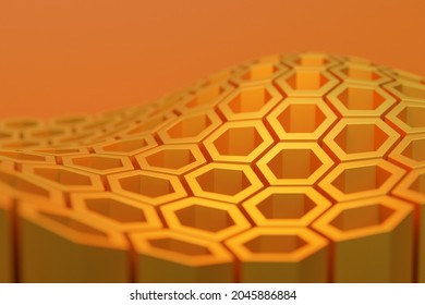 3d Illustration Of Geometric Hexagon  Wave Surface.  3d Illustration Of A Yellow Honeycomb Monochrome Honeycomb For Honey. Pattern Of Simple Geometric Hexagonal Shapes