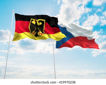 3D illustration of Germany & Czech Republic Flags are waving in the sky