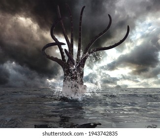 3d illustration of a Giant Squid Kraken monster with tentacles rearing up out of the ocean against moody cloud background