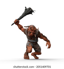 3D Illustration Of A Giant Troll Swinging A Large Wooden Club Weapon Isolated On A White Background.