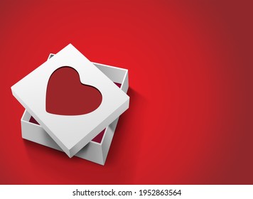 3D Illustration. Gift box with red heart on red background for valentine's day and mother's day postcard.