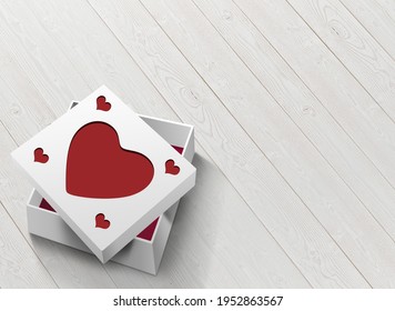 3D Illustration. Gift box with red heart on wooden background for valentine's day and mother's day postcard.