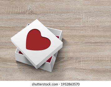 3D Illustration. Gift box with red heart on wooden background for valentine's day and mother's day postcard.