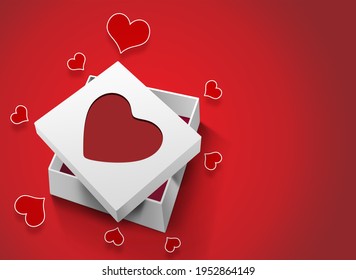 3D Illustration. Gift box with red heart on red background for valentine's day and mother's day postcard.