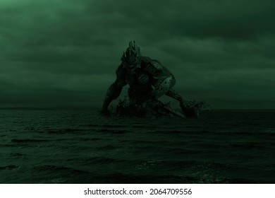 3d illustration of a gigantic sea monster Father Dagon rising out of the sea with a green filter