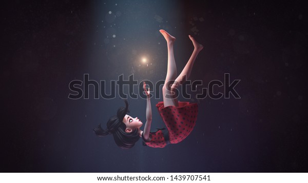 レトロなドレスを着た女の子が星々と深い空間に落ちる3dイラスト 宙を舞う若い漫画の女性 暗闇の中の女の子は 輝く星に手を伸ばす 宇宙 芸術 深い夢のコンセプト のイラスト素材