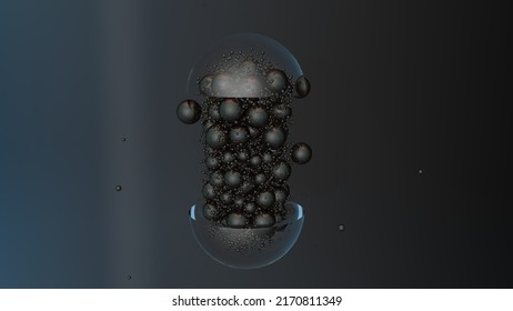 3d Illustration. The Glass Capsule Opens And Black Balls Large And Small Fly Out Of It. Cosmetics Or Medicine, Molecule Or Tablet.