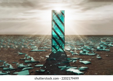 3D Illustration Of A Glass Monolith In The Middle Of A Desert With Other Broken Glass Structures