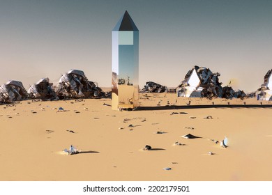 3D Illustration Of A Glass Monolith In The Middle Of A Desert With Other Broken Glass Structures