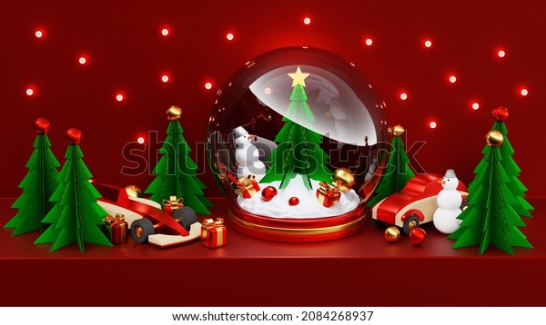 3D illustration\
of a glass snow globe with a Christmas tree, gifts, snowmen, retro\
and racing cars under magic lanterns at night. Christmas greetings.\
Christmas snow globe