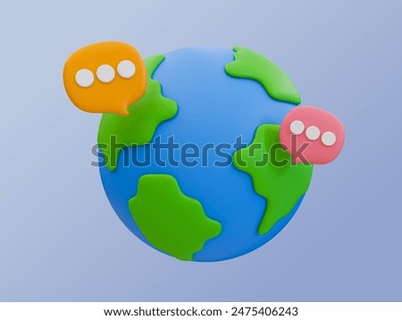 3D illustration of a globe with chat bubbles, representing global communication and international connectivity.