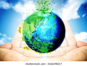3D illustration of a globe floating in the palm of your hand with the concept of environmental protection