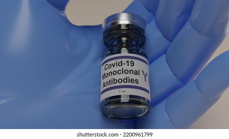 3D Illustration Of Gloved Hand Holding Vial Containing Monoclonal Antibody Treatment.