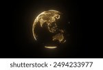 3D illustration of glowing golden globe of the Earth planet from particulars on dark background, Asia, Pacific and Australia regions.