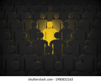 3D Illustration - Glowing man in the middle of group of men - Unique man stand out
