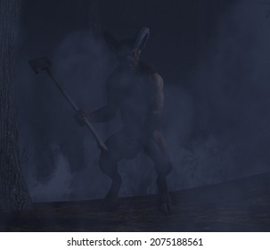 3d illustration of a Goat Man creature with an axe standing in a foggy forest
