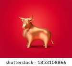 3d illustration of gold bull isolated on red background, cute statue for stock market or Chinese lunar year