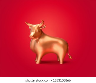 3d Illustration Of Gold Bull Isolated On Red Background, Cute Statue For Stock Market Or Chinese Lunar Year