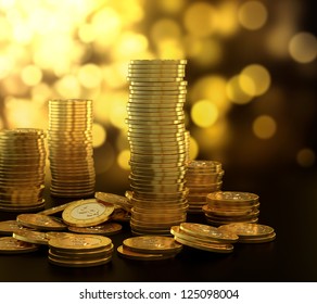 3D Illustration Of Gold Coin Stack On Blue Background