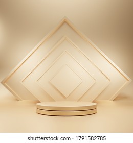 3D illustration gold color background with geometric shapes, pedestal on two floors, the back is a square wall shape, gradient from small to large, the platform for background product presentation
