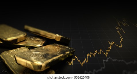 3D-Illustration von Goldbarren auf schwarzem Hintergrund mit einer Grafik. Finanzkonzept, horizontales Bild.