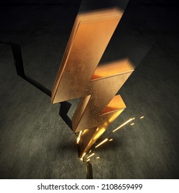 3d Illustration. Gold Lightning Sign Levin Symbol Concept Baner. Blow Blast And Crack
