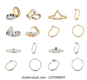 3D illustration gold rings of different angles with gemstone. Jewelry background. Fashion accessory. Rendering