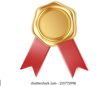 3d Illustration Gold Seal With Red Ribbon