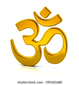 3d illustration of golden Aum or Om symbol of Hinduism isolated on white background