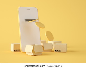 3D Illustration. Golden coin on smartphone screen and with cardboard boxes. Delivery and shipping service. Shop online. Mobile payment and online order concept.
