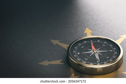 3D illustration of a golden compass over black background with copy space on the left. Strategic business orientation concept.