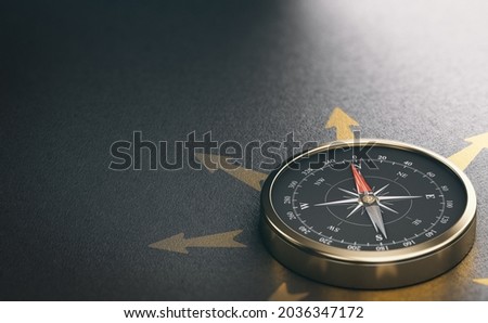 3D illustration of a golden compass over black background with copy space on the left. Strategic business orientation concept. ストックフォト © 