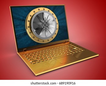 3d Illustration Of Golden Computer Over Red Background With Binary Data Screen And Vault Door