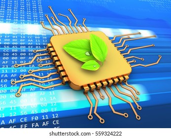 3d illustration of golden computer processor over code background with leaves