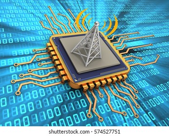 3d illustration of golden computer processor over digital background with antenna 