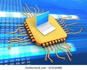 3d illustration of golden computer processor over code background with laptop