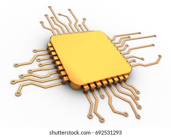 3d illustration of golden computer processor over white background blank