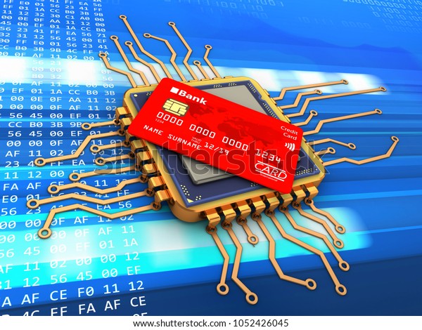 3d illustration of golden computer processor\
over code background with bank card\
