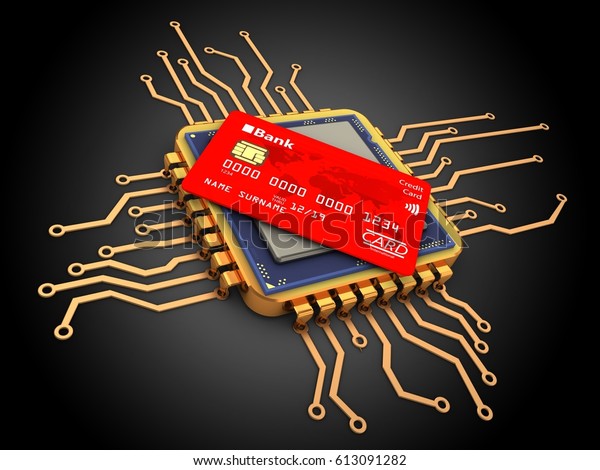 3d illustration of golden computer\
processor over black background with bank card\
